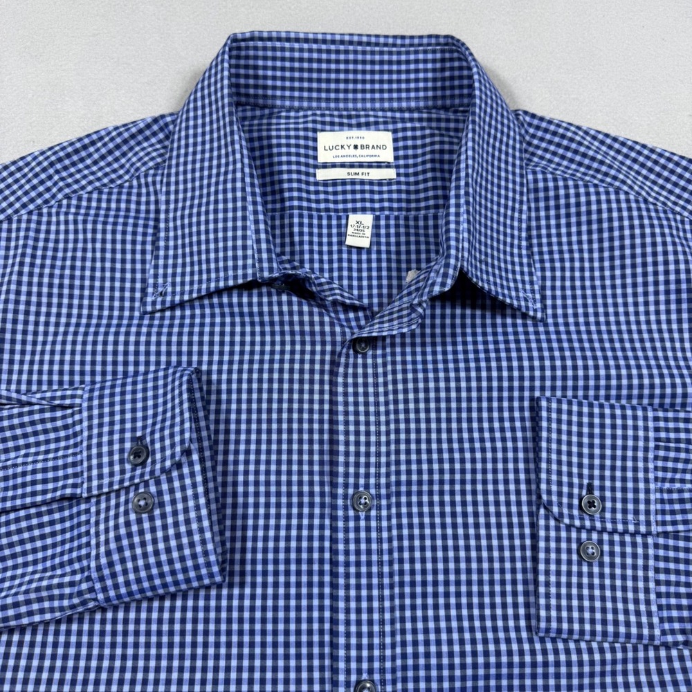 Lucky Brand Mens XL Slim Fit Gingham Button Down Shirt Blue White Long Sleeve